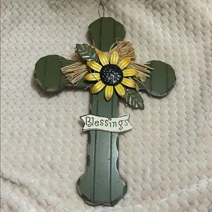 Green Cross Wall Decor with Sunflower Accent